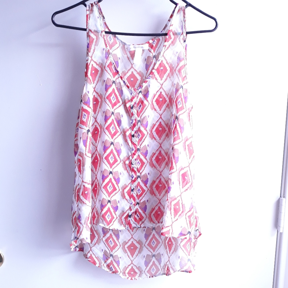 Geometric chiffon button high low blouse